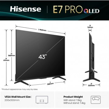 Hisense Smart Τηλεόραση 43" 4K UHD QLED E7Q Pro HDR (2025) 43E7Q PRO